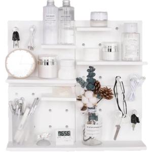 HGYZE Plastic Pegboard Wall Organizer, White, 22 x 22 x 1.5 in, Includes 4 Wall Shelves, 8 Hanging Boards, 24 Hooks