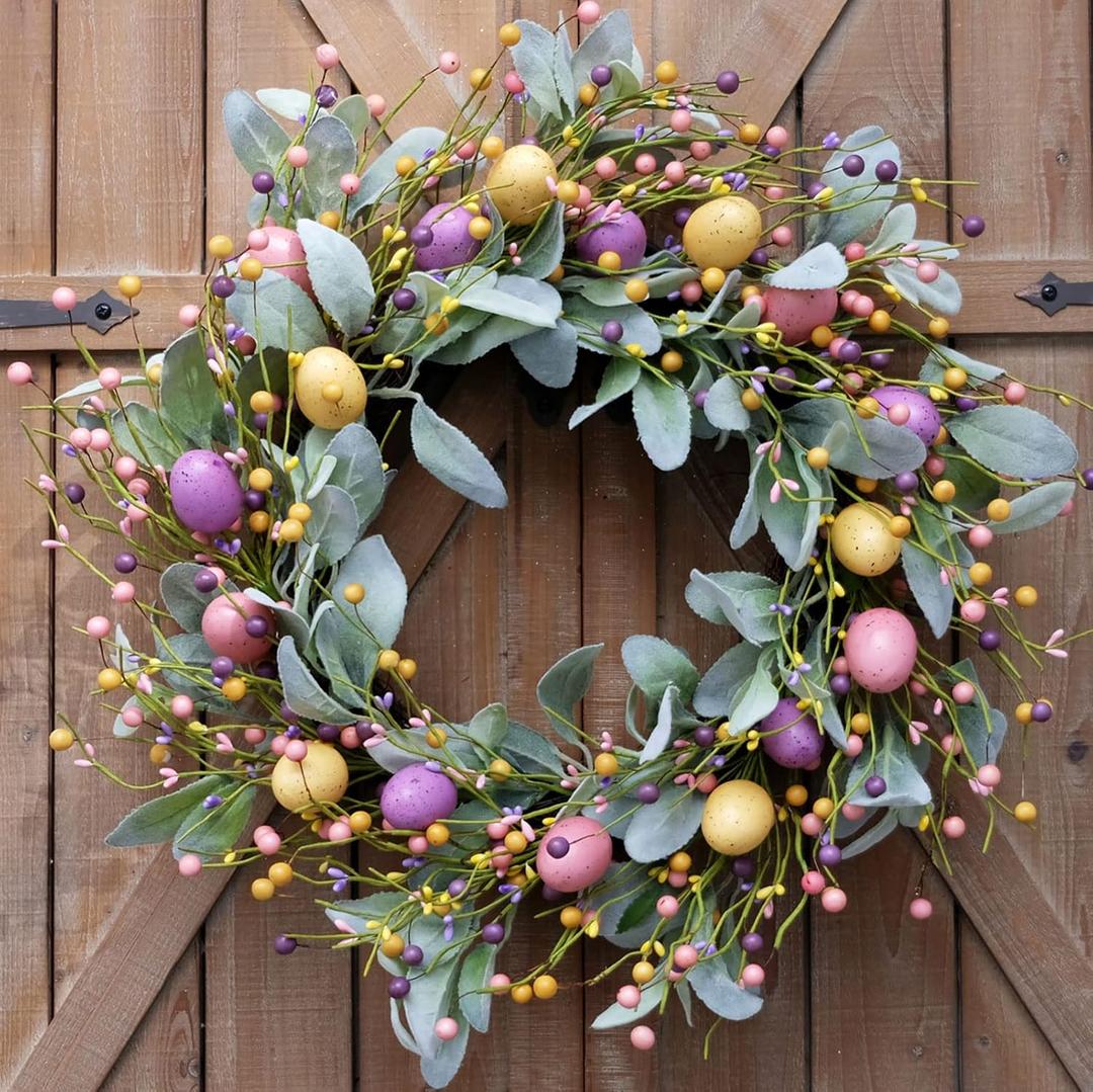 Bibelot 20 Inch Spring Easter Colorful Eggs Eucalyptus Leaves for Front Door, Eggs Berries Wreath with Artificial Green Leaves for Inside and Outside, Summer Spring Home Decor Wreath