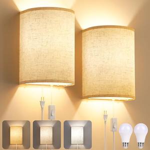 Plug in Wall Sconces Set of Two: Wall Lights with On/Off Switch - Stepless Color Temperature Wall Mount Lamps - Fabric Linen Wall Sconce for Bedroom Living Room & Hallway- Indoor Corded Wall Sconces