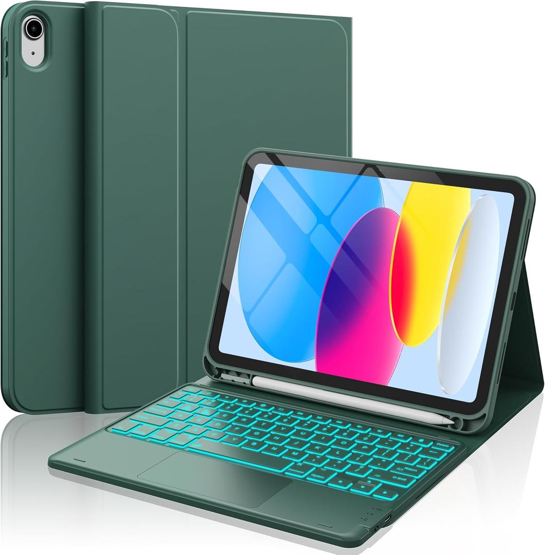 CHESONA for iPad 10th Generation Case with Keyboard, 7 Color Backlight, Multi-Touch Trackpad, Flip Stand Case with Pencil Holder, 2 Wireless Channels for iPad (A16) 11th/10th Gen 2025/2022, Green