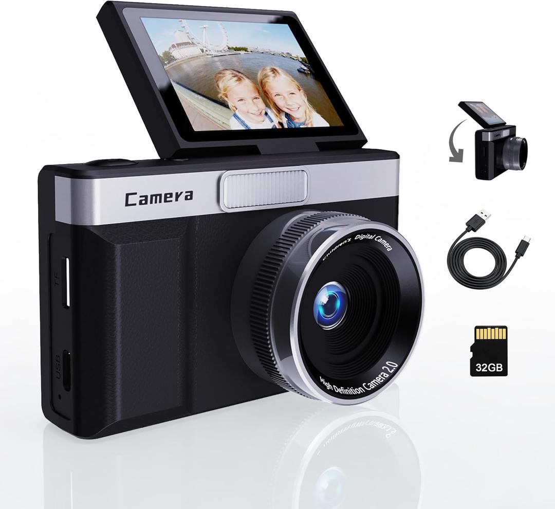 Black Digital Camera with 2" Flip Screen for Selfie, 1080P Point and Shoot Digital Camera with 32GB Card, 8X Zoom, Portable Vlogging Camera for Kids, Teens & Beginners