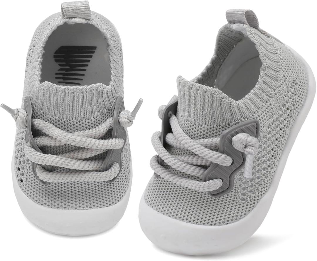 BARERUN Baby Shoes Baby First Walking Shoes Infant Sneakers Wide Toe Box Slip on Shoes Soft Sole Baby Boys Girls Crib Shoes Toddler Breathable Lightweight House Sock Shoes (Gray)