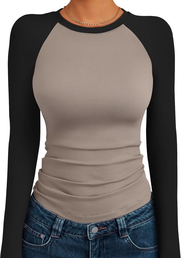 Trendy Queen Women's Long Sleeve Shirts Slim Fit Stretchy Color Block Slightly Cropped Tops (Medium, Mocha Black Combo)