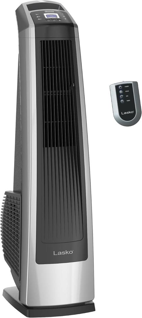 Lasko High Velocity Oscillating Tower Fan for Bedroom, Garage, Basement, and Gym with Remote Control, Timer, 3 Powerful Speeds, 35" Silver/Black, U35115, 35 In. Tall
