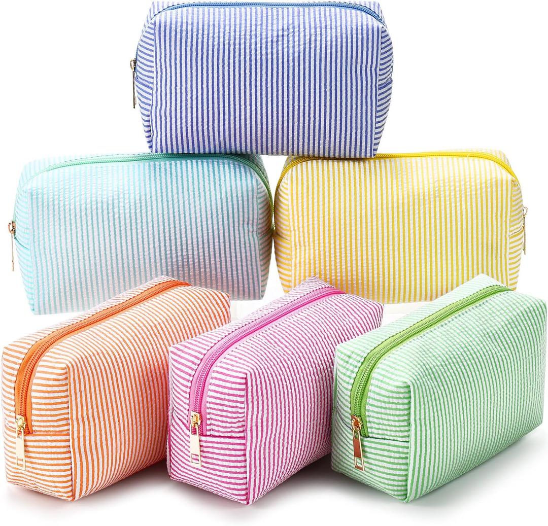 Sanwuta 6 Pcs Seersucker Cosmetic Bags Bulk Seersucker Makeup Bags Stripe Women Pouch Large Preppy Storage Pouch Toiletry Travel Organizer for Wedding Bridesmaid Bride Favor Mom Gift (Rainbow)