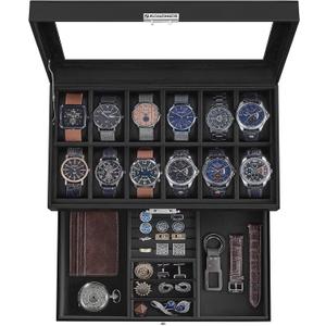 SONGMICS 12-Slot Watch Box, Lockable Watch Case with Glass Lid, 2 Layers, with 1 Drawer for Rings, Bracelets, Gift Idea, Black Synthetic Leather, Black Lining UJWB012B03 (Black + Black)