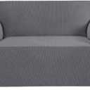 H.VERSAILTEX Stretch Couch Cover Loveseat Covers for 2 Cushion Couch Slipcover|Sofa Cover for Love seat 1 Piece with Elastic Bottom, Checked Jacquard Fabric(Loveseat 58'-70' Wide, Grey) (Neutral Gray)