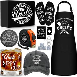 14 Pcs Best Uncle Ever Gifts with 11 Oz Uncle's Sippy Cup Whiskey Glass 4 Whiskey Stones Coaster Apron Hat Sock Tape Measure Keychain, Birthday Father's Day Christmas Gifts for Uncle