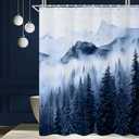 Ruelvth Mountain Shower Curtain, Navy Blue Misty Forest Shower Curtain Set Waterproof Nature Scenery Bathroom Decor with Hooks, 72x72 Inch