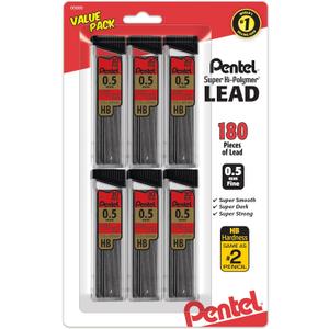 Pentel Super Hi-Polymer Refills, 0.5 mm Fine, HB, 180 Pieces of Lead (C25BPHB6)