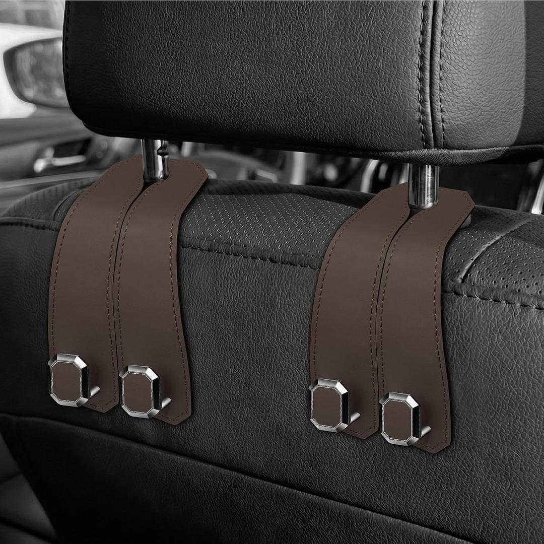 2PCS Car Hooks for Headrest, Faux Leather Purse Hook for Car Seat Back Organizers and Storage, Double Metal Purse Holder Bag Hanger, Universal Car Interior Accessories for Women Man (Dark Brown)