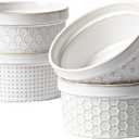 LE TAUCI Ramekins 12 oz, Ramiken for Creme Brulee, Souffle, Dipping Sauce, Ceramic Embossment Housewaming Present -4.8 inch, Set of 4, Arctic White