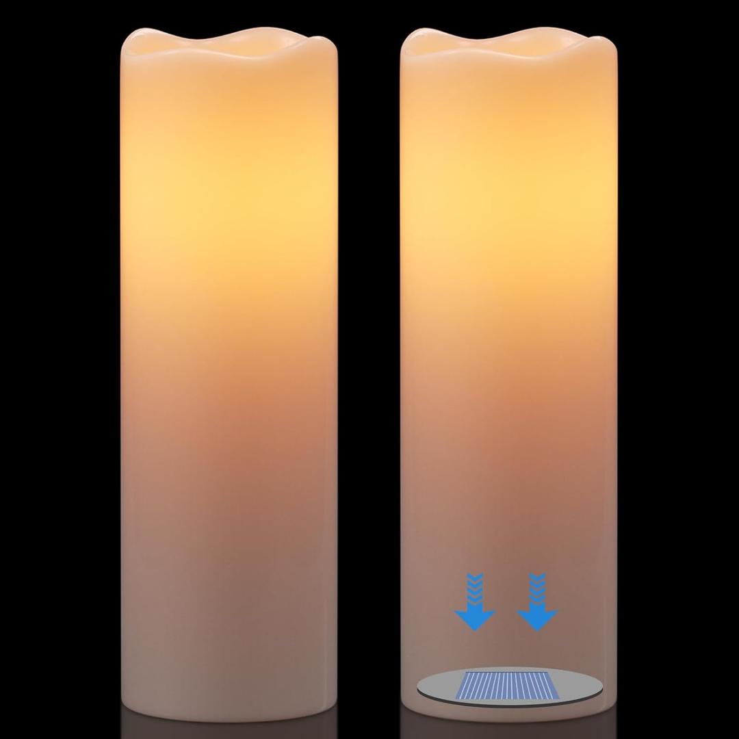 GenSwin Solar Candles Outdoor Waterproof, Large 14 x 4 Solar Candles Rechargeable, Battery Operated Pillar Candle with Sensor Timer Dusk to Dawn for Lanterns, Outdoor, Patio Decor(Set of 2)