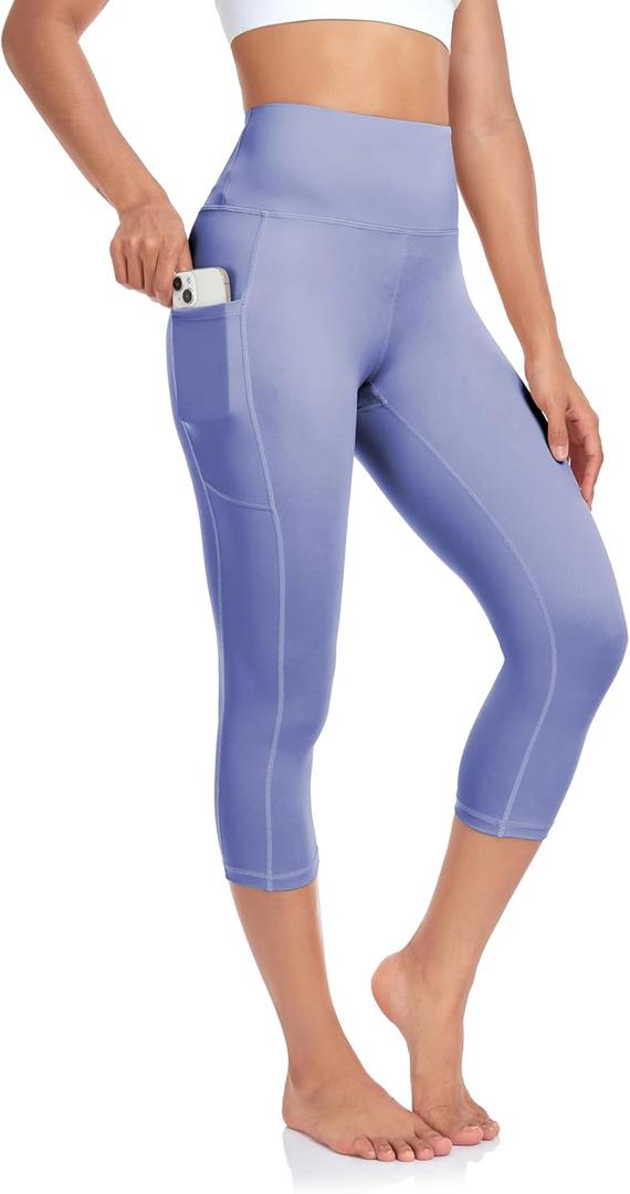SEEMLY High Waisted Workout Capri with Pockets | Breathable Yoga Pants | Athletic Women Capri Leggings for Tummy Control (Purple, L)