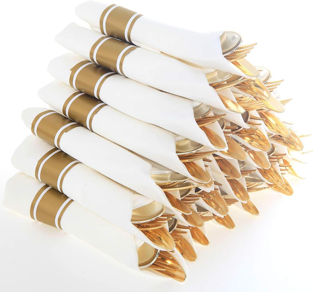 Supernal Pre Rolled Napkin with Gold Plastic Silverware Set of 30pack, Disposable Gold Silverware with Linen Napkin, Heavy Weight, Wrapped Plastic Silverware Suit for Wedding, Catering Event, Party
