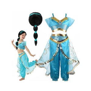 Girls Jasmine Arabian Princess Jasmine Cosplay Costume with Wig - Halloween Party Dress Up for Kids (130(5-6T)),