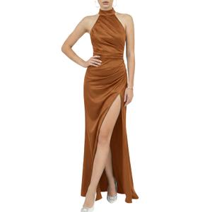 Rosegalette Women's Sexy Halter Neck Ruched Slit Bodycon Maxi Dress Formal Prom Evening Gown, Brown, M (Gold, M)