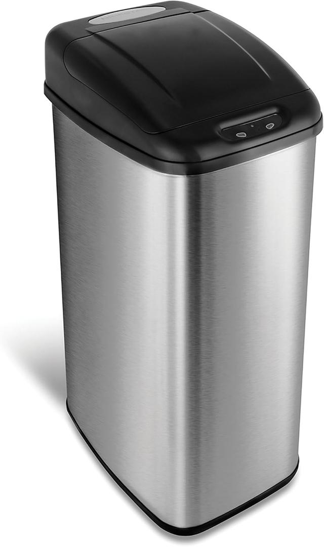 NINESTARS DZT-50-6 Automatic Touchless Infrared Motion Sensor Trash Can, 13 Gal 50L, Stainless Steel Base (Rectangular, Black Lid)