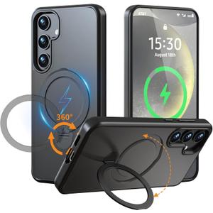 for Samsung Galaxy S25+ (Plus) Case Stand,Compatible with Magsafe Wireless Charging,with 360°Rotatable Magnetic Ring Holder Kickstand,Slim Protective Phone Cover,Matte Translucent,Black