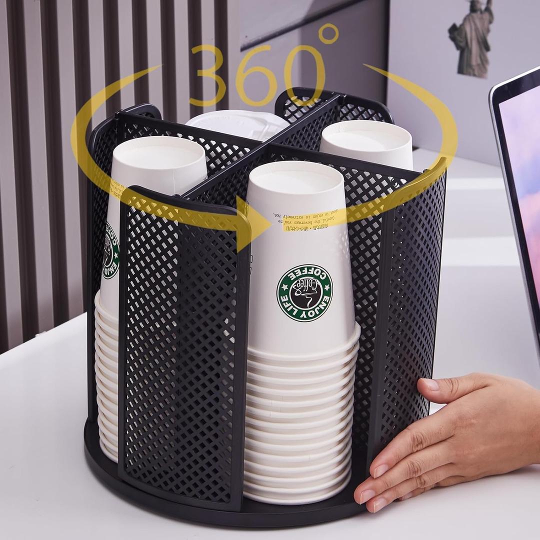 Coffee Cup Dispenser, Disposable Paper Cup and Lid Holder 360 Rotatable with 4 Compartments,Can Stacking 3-16oz Cups and Lid Holder for Coffee Shop,Home Countertop,Office,Restaurant,Kitchen (black)