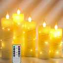 Da by Flickering Flameless Candles with String Lights, Battery Operated Candles with Remote and Timer, LED Pillar Candle Real Wax, 5 Pack-Ivory White 
