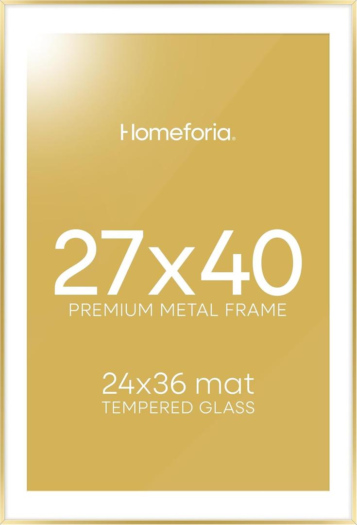 Homeforia 27x40 Picture Frame Gold, High End Metal 27 x 40 Large Poster Frames with Mat 24 by 36 inch Photo, 27x40 Gold Frame Matted to 24x36 for Print, 40x27 Frame, Tempered Glass, Wall Kit, Set of 1