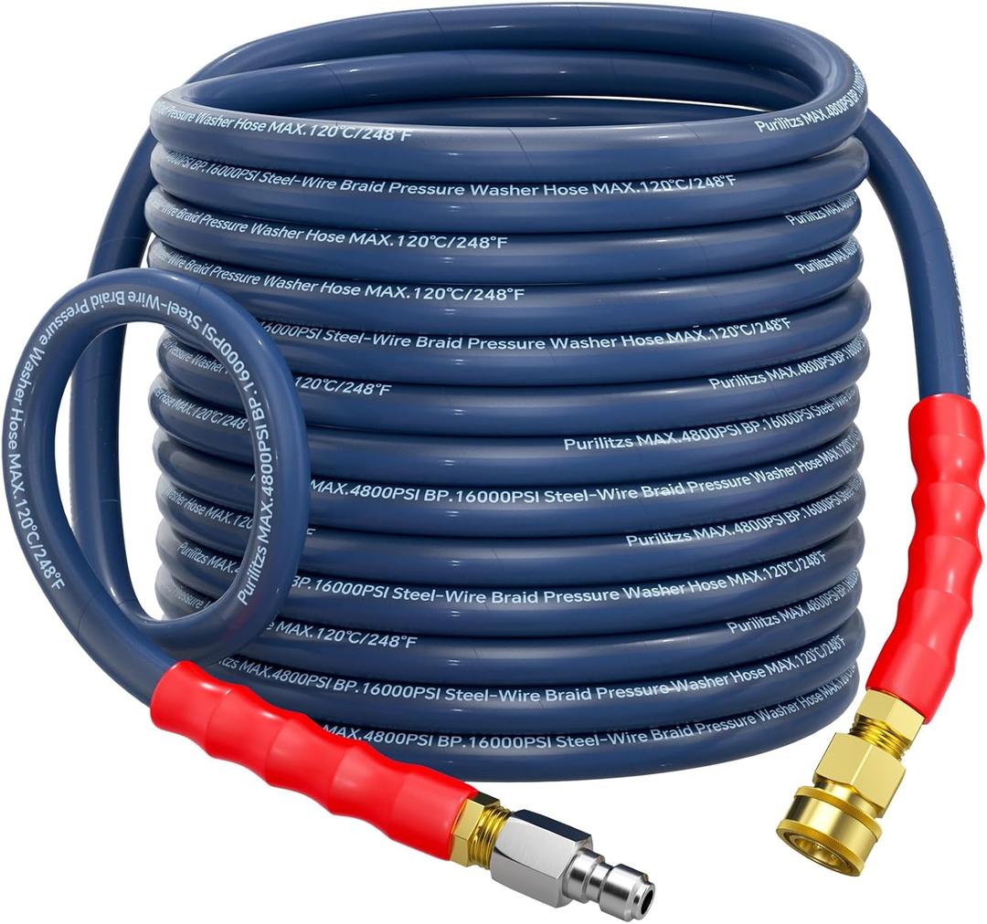 50FT Pressure Washer Hose Non Marking 4800PSI, 3/8'' Upgraded 4-Layer Structure Power Washing Hose Steel Wire Braided, No Kink Commercial Cleaning