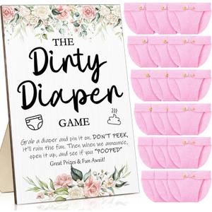 Roowest 51 Pcs Dirty Diaper Baby Shower Games Funny Wooden Sign with 50 Pcs Mini Diapers Cute Felt for Gender Reveal Party Baby Shower(Pink Flower)