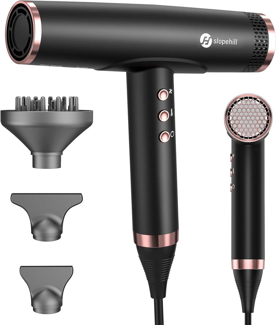 Slopehill Professional Ionic Hair Dryer with Diffuser - Lightweight, Compact, Powerful & Fast Salon Blow Dryer with High Speed Brushless Motor for Travel, Women & Men Ceramic, Black LH1003