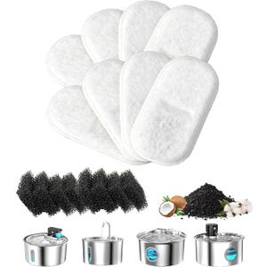 Cat Water Fountain Filter Replacement: 8 Carbon Filters & 8 Foam Sponges Kitty Spout Pump Filters for 108Oz/3.2L & 67Oz/2L Stainless Steel Pet Water Dispenser Cat Dog