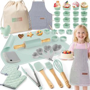 Ultimate Baking Kit for Kids - 38 Piece Kitchen Tools, Food Grade Silicone, BPA/BPS Free - Real Cooking Set for Ages 8-12 - Girls Boys Birthday Stocking Stuffer - Sage Green