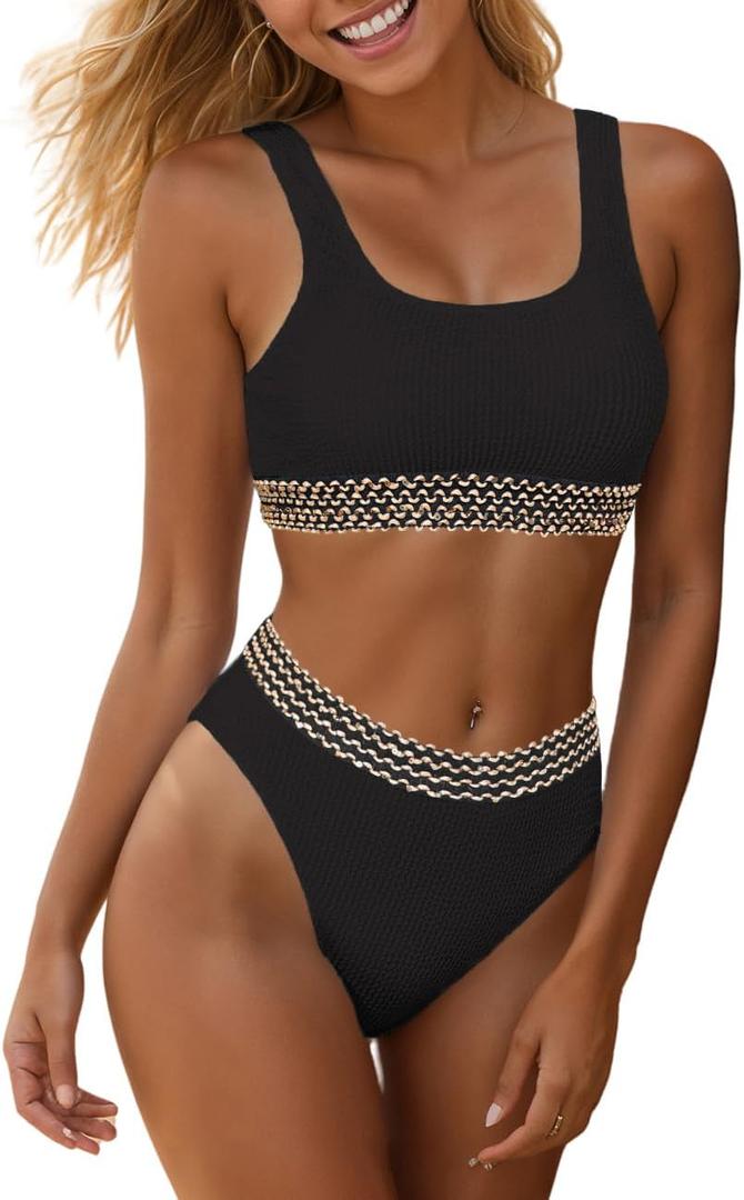 YIMISAN Women's Ribbed Two Piece Bikini Sets Wide Shoulder Strap Top Swimsuit with Mid Waist Cheeky Bathing Suit (Large, Black Gold Band)