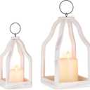 Wood Lanterns Decorative Indoor: Farmhouse Hanging Candle Holder Set of 2 Brown Table Centerpiece Fireplace Mantle Shelf 11" & 8" Rustic Home Decor Fall Ornaments Whitewashed (Washwhite)