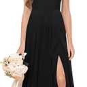 Eightale Junior Bridesmaid Dress Black Chiffon Flower Girl Long Formal Dresses Ruffle Sleeve Maxi Teen Wedding Party Gown with Slit Size 18 (Black)