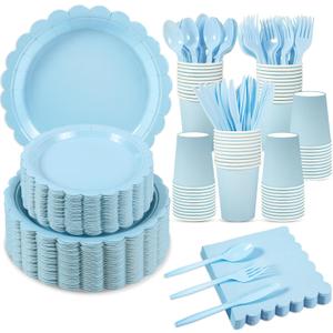 Xiangqu 350 Pcs Light Blue Paper Plates and Napkins, Boy Baby Shower Decorations Include Baby Blue Scalloped Plates, Napkins, Cups, Plastic Spoons, Forks, Knives for Bridal Shower, Wedding, Birthday