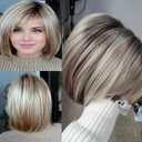 Elegant Short Blonde Bob Wigs for Women Natural Layered Straight Hair Synthetic Wig with Bangs Ombre Blonde Highlight Bobo Haircuts Daily Party Wig