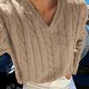 ZAFUL Women's V Neck Cable Knit Sweater 2025 Fall Pullover Long Sleeve Ribbed Loose Top Casual Outfits (Khaki)