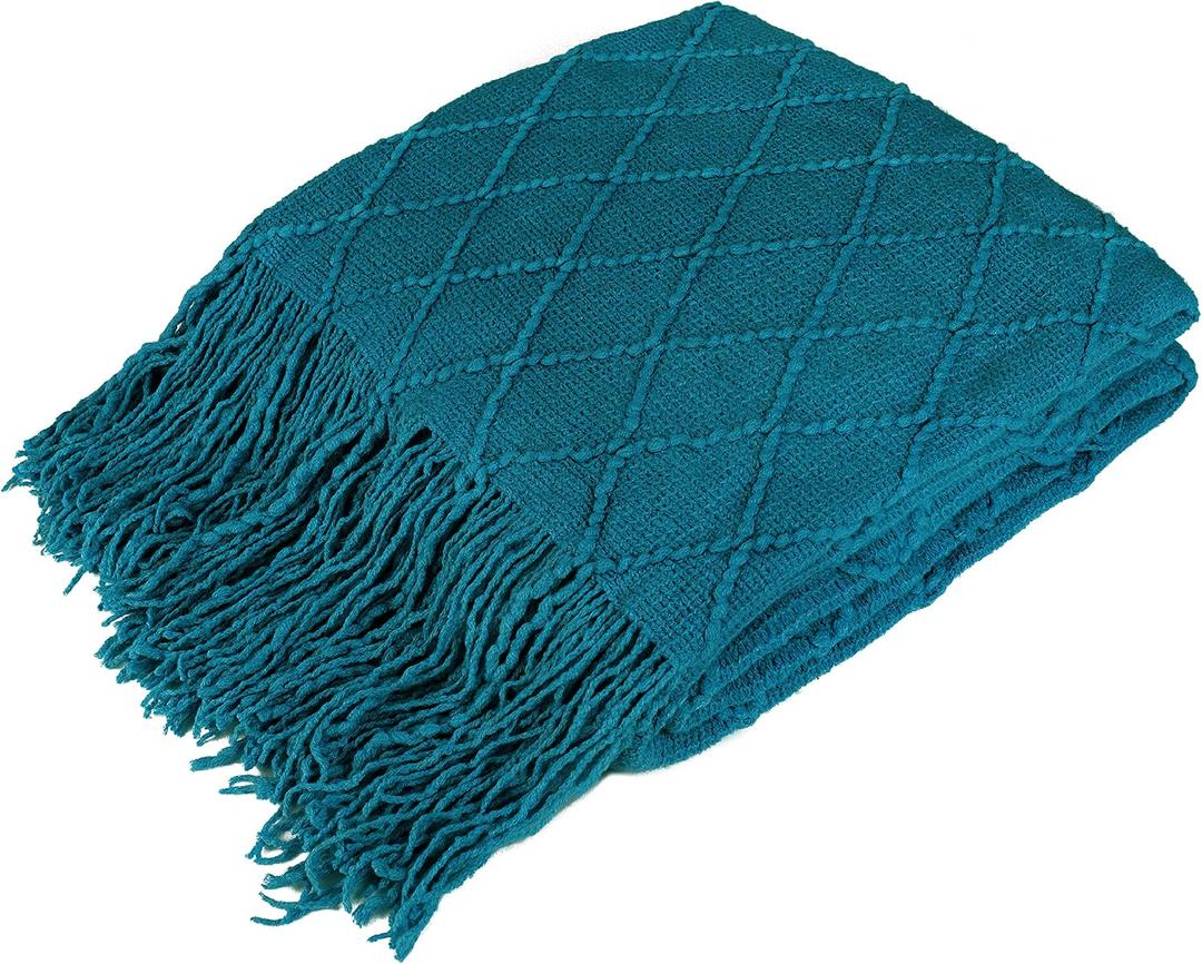PAVILIA Teal Blue Knit Throw Blanket for Couch Bed, Soft Knitted Farmhouse Sofa Throw for Living Room, Lightweight Decorative Summer Throw Blanket for Chair, Outdoor Textured Boho Blanket, 50x60