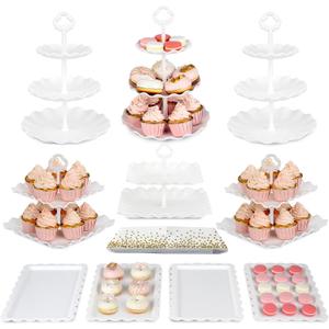 Pack of 10 NWK Cake Stand Set, with 3 x Two-Tier and 3 x Three-Tier Cupcake Stands, 4 x Appetizer Trays, 1 x Tablecloth for Birthday Bridal Baby Shower Party (White)