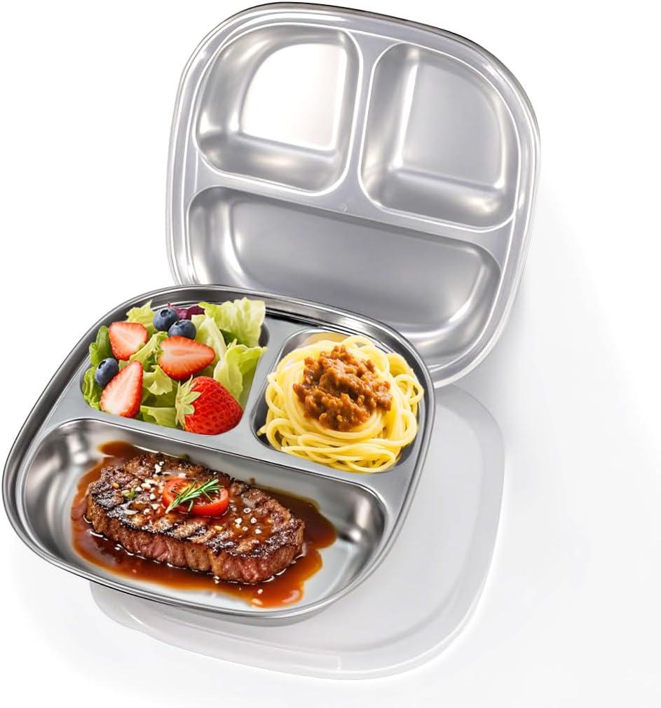 Stainless Steel Kids Plates with Lids (2 Packs), Portion Control Divided Metal Plate for Adults Toddlers Balance Lunch, Unbreakable Sectioned Plates Dividers Bariatric Diabetic Diet BPA Free Reusable