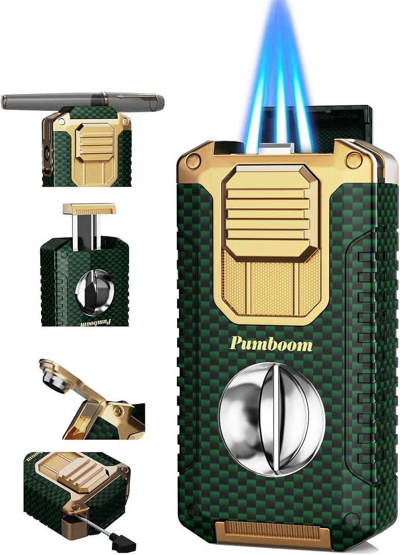 All-in-one Torch Lighter with V Cutter, Punch, Needle, Holder and Triple Jet Flames, Butane Windproof Lighter for Candles, Outdoor, Versatile Accessories with Gift Box for Men (Without Butane)