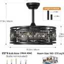 Crystal Caged Ceiling Fan with Light, 19'' Vintage Black Bladeless Fandelier Ceiling Fan with Remote, Low Profile Farmhouse Ceiling Fan for Bedroom Kitchen Living Room