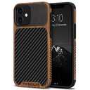 TENDLIN Compatible with iPhone 12 / iPhone 12 Pro Case Wood Grain with Carbon Fiber Texture Design Leather Hybrid Case Black