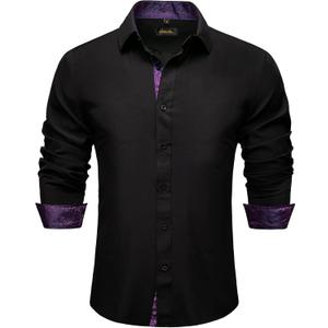DiBanGu Mens Stretch Dress Shirt Long Sleeve Button Down Shirt Cotton Business Casual Shirts with Inner Contrast Wedding Prom (X-Large, Pure Black&Purple)