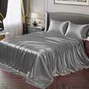 Vonty Satin Sheets Queen Silky Soft Satin Bed Sheets Misty Gray Sheet Set, 1 Deep Pocket Fitted Sheet + 1 Flat Sheet + 2 Pillowcases