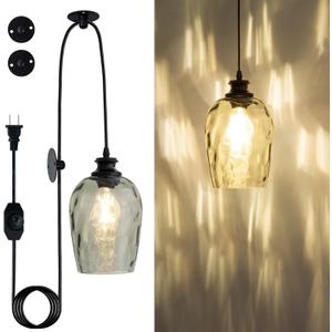 Plug in Pendant Light Green Hand Blown Rippled Glass Shade On/Off Switch 16.4 Ft Cord E26 Base Pendant Lighting for Living Room Sunroom Porch