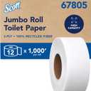 Scott Professional 100% Recycled Fiber High-Capacity Jumbo Roll Toilet Paper, Bulk (67805), 2-Ply, Septic Safe, White, Non-Perforated (12 Rolls at 1,000' Each, 12,000'/Case), 12 Count