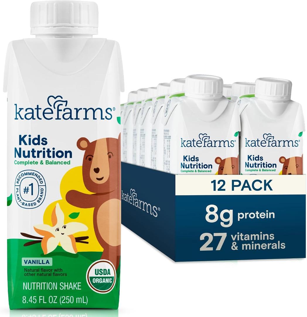 KATE FARMS Organic Kids Nutrition Vanilla Shake, 8g Protein, 27 Vitamins and Minerals, Meal Replacement, Gluten Free, Non-GMO, 8.45 oz (12 Pack) (EXP 04/27/27)