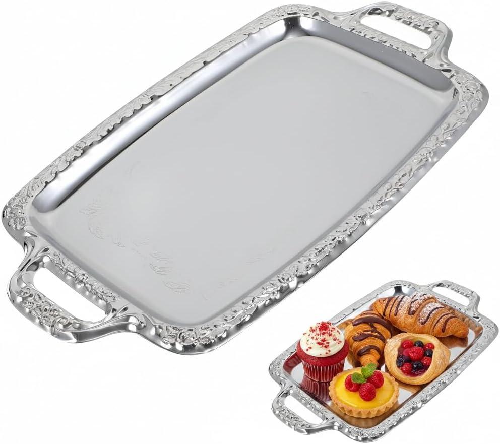 Rectangular Silver Serving Tray - Vintage Metal Tray for Whiskey - Dining Tableware and Decorative Platter Perfect for Entertaining and Home Decor
