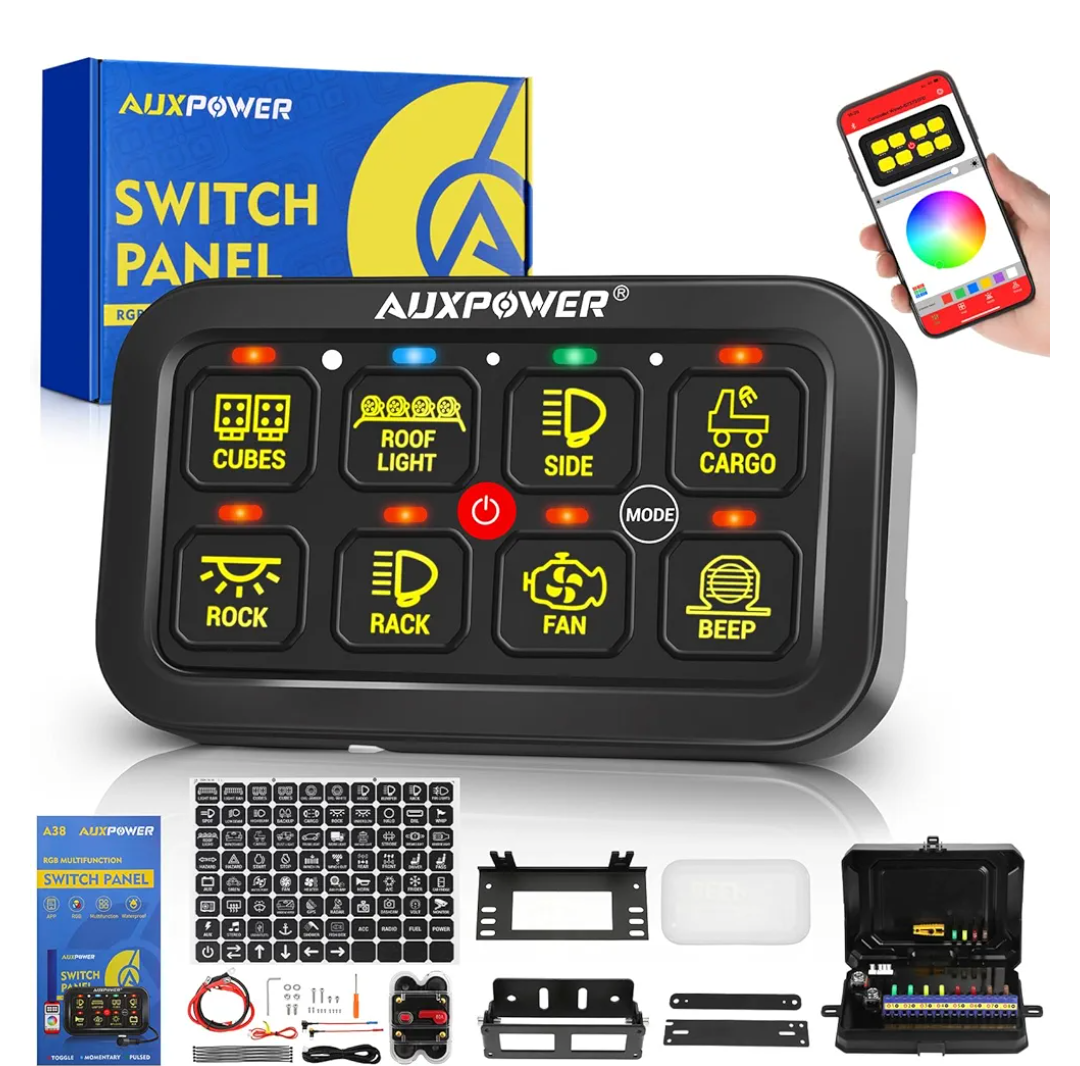 Auxpower RGB 8 Gang Switch Panel with App Control Turn On/Off Momentary Pulsed Multifunction 12V Switch Panel for Truck Circuit Control Relay System Switch Panel Waterproof for Car Boat Truck RV